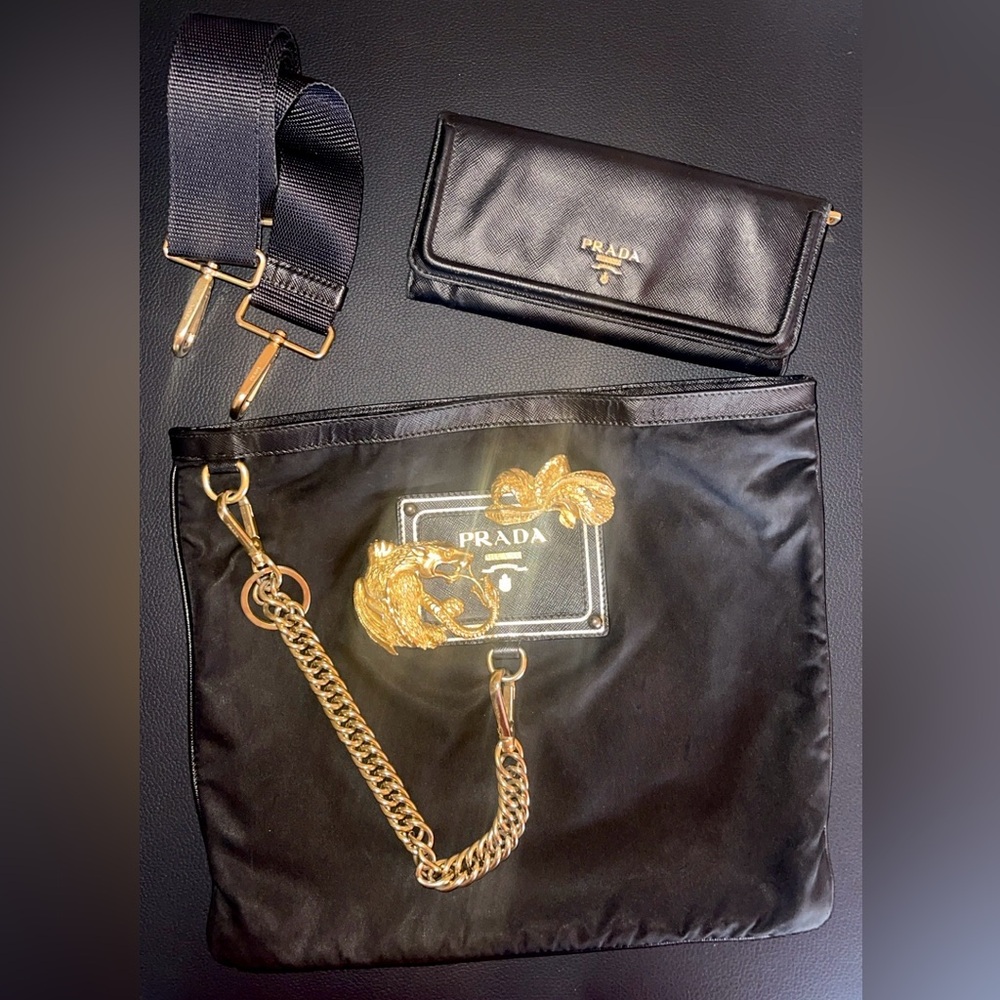 Authenticated Bundle Prada Crossbody Bag Charm & Wallet. Gold Tone Hardware